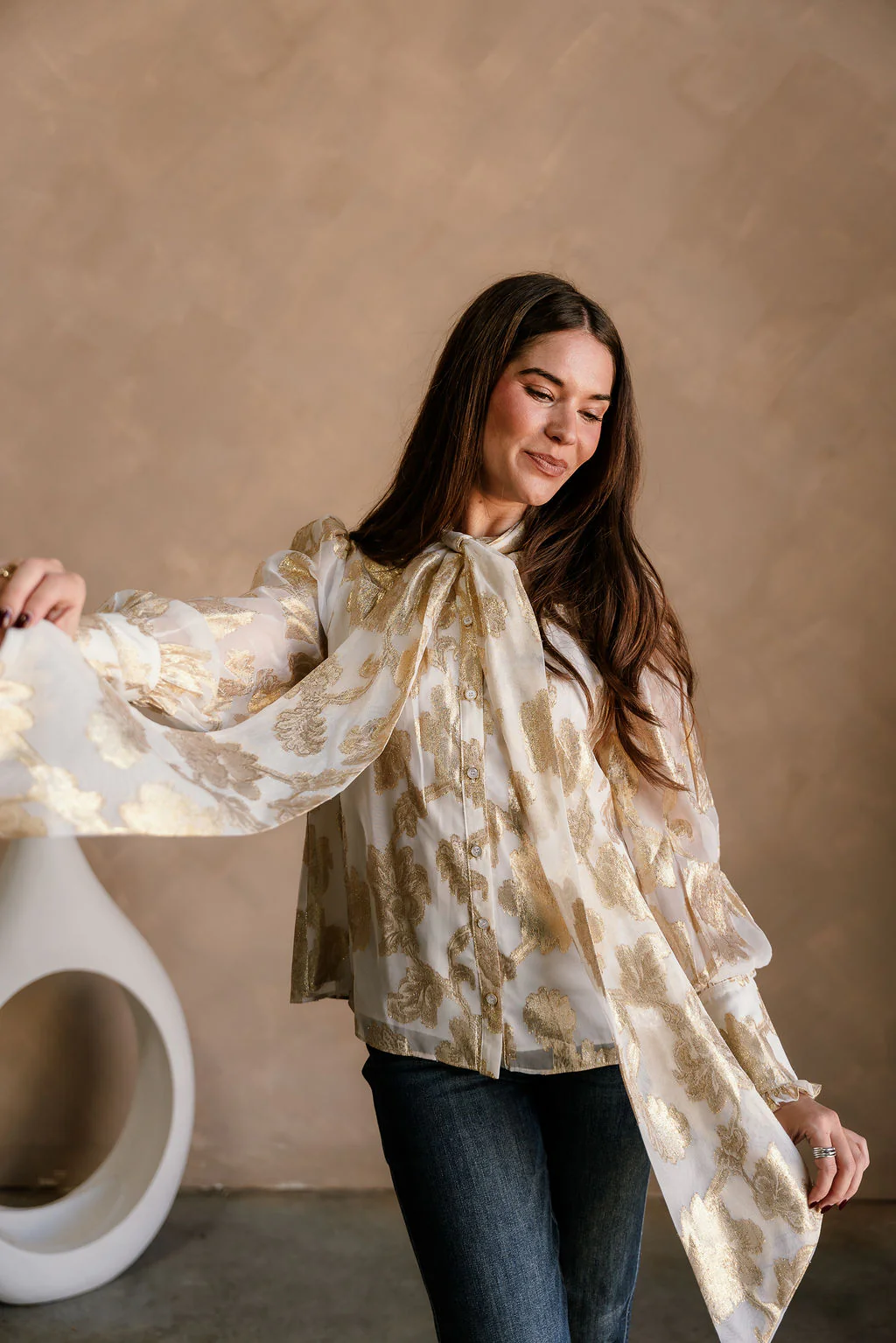 Bonnie Cream & Gold Floral Tie Neck Top - Image 3