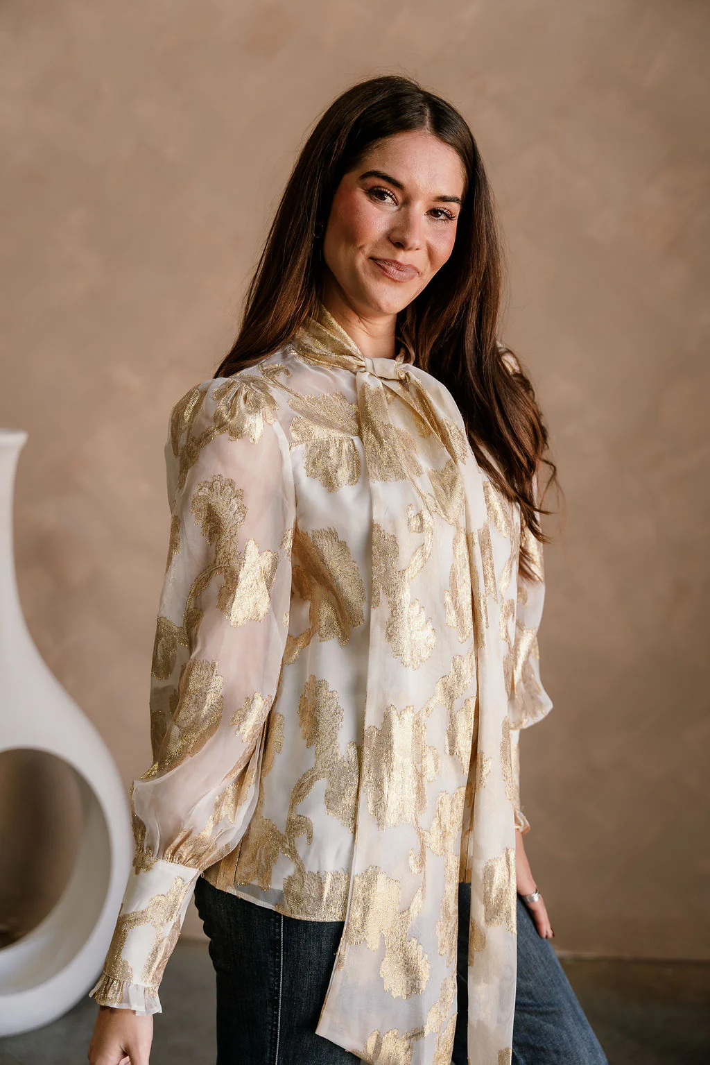 Bonnie Cream & Gold Floral Tie Neck Top - Image 4