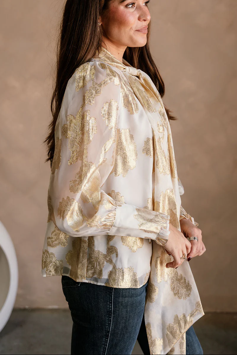 Bonnie Cream & Gold Floral Tie Neck Top - Image 5