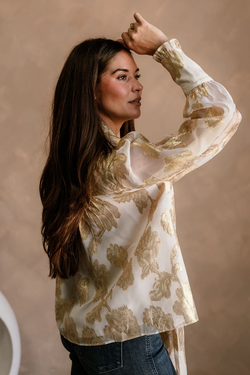 Bonnie Cream & Gold Floral Tie Neck Top - Image 6