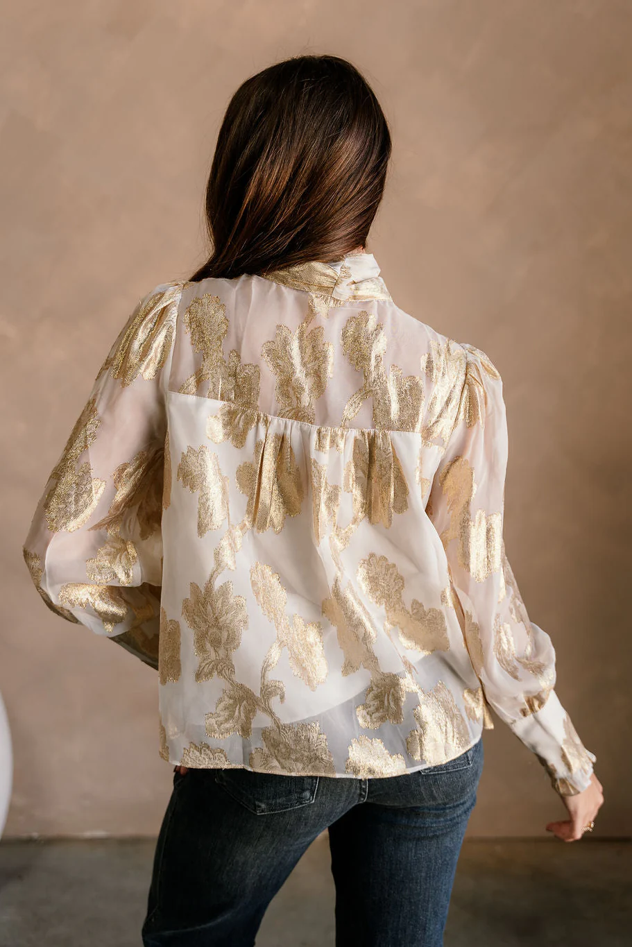 Bonnie Cream & Gold Floral Tie Neck Top - Image 7