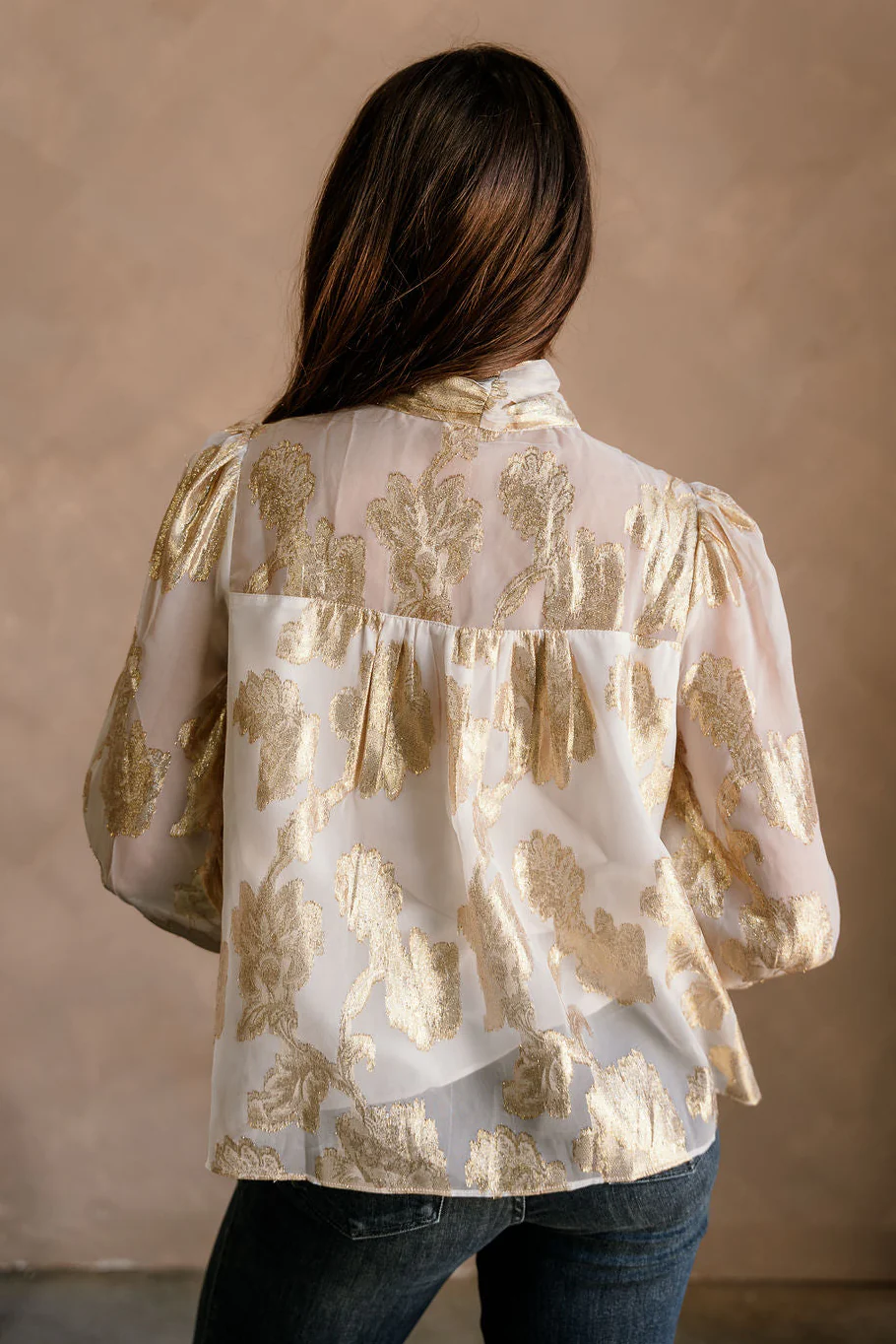 Bonnie Cream & Gold Floral Tie Neck Top - Image 8
