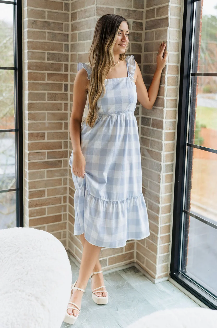 Bonnie Light Blue and White Plaid Midi Dress
