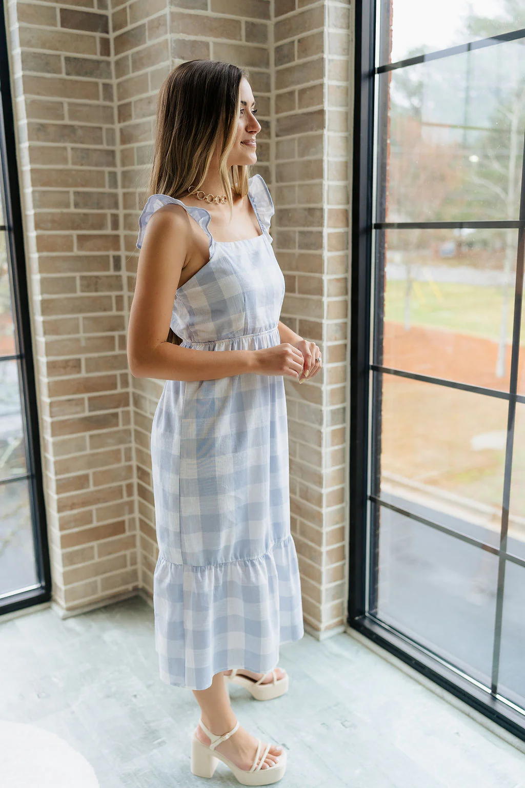Bonnie Light Blue and White Plaid Midi Dress - Image 3
