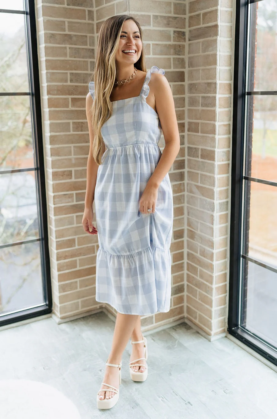 Bonnie Light Blue and White Plaid Midi Dress - Image 4