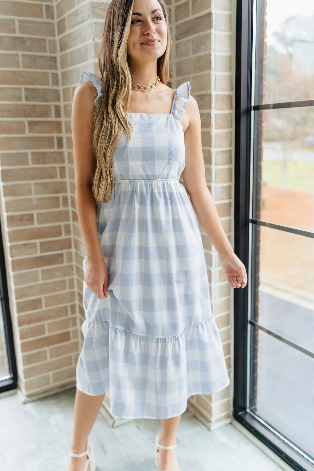 Bonnie Light Blue and White Plaid Midi Dress - Image 5