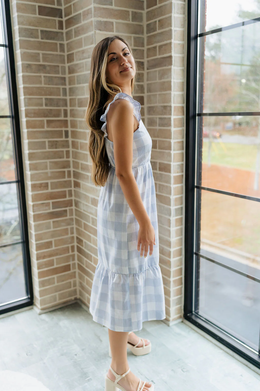 Bonnie Light Blue and White Plaid Midi Dress - Image 8