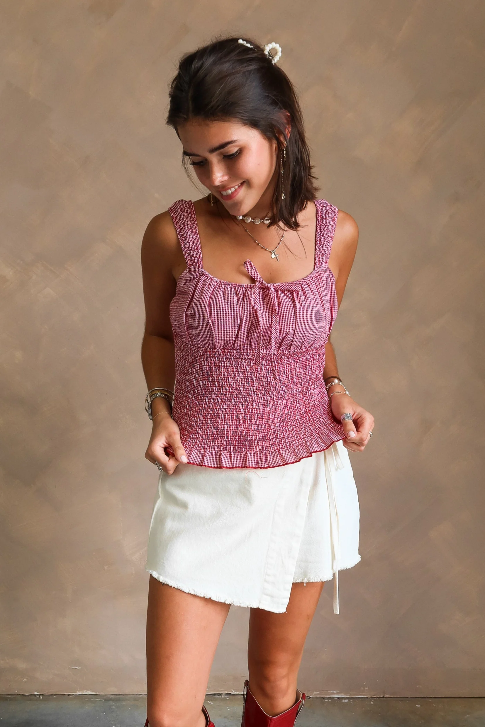 Bonnie Red & White Plaid Ruffle Tank