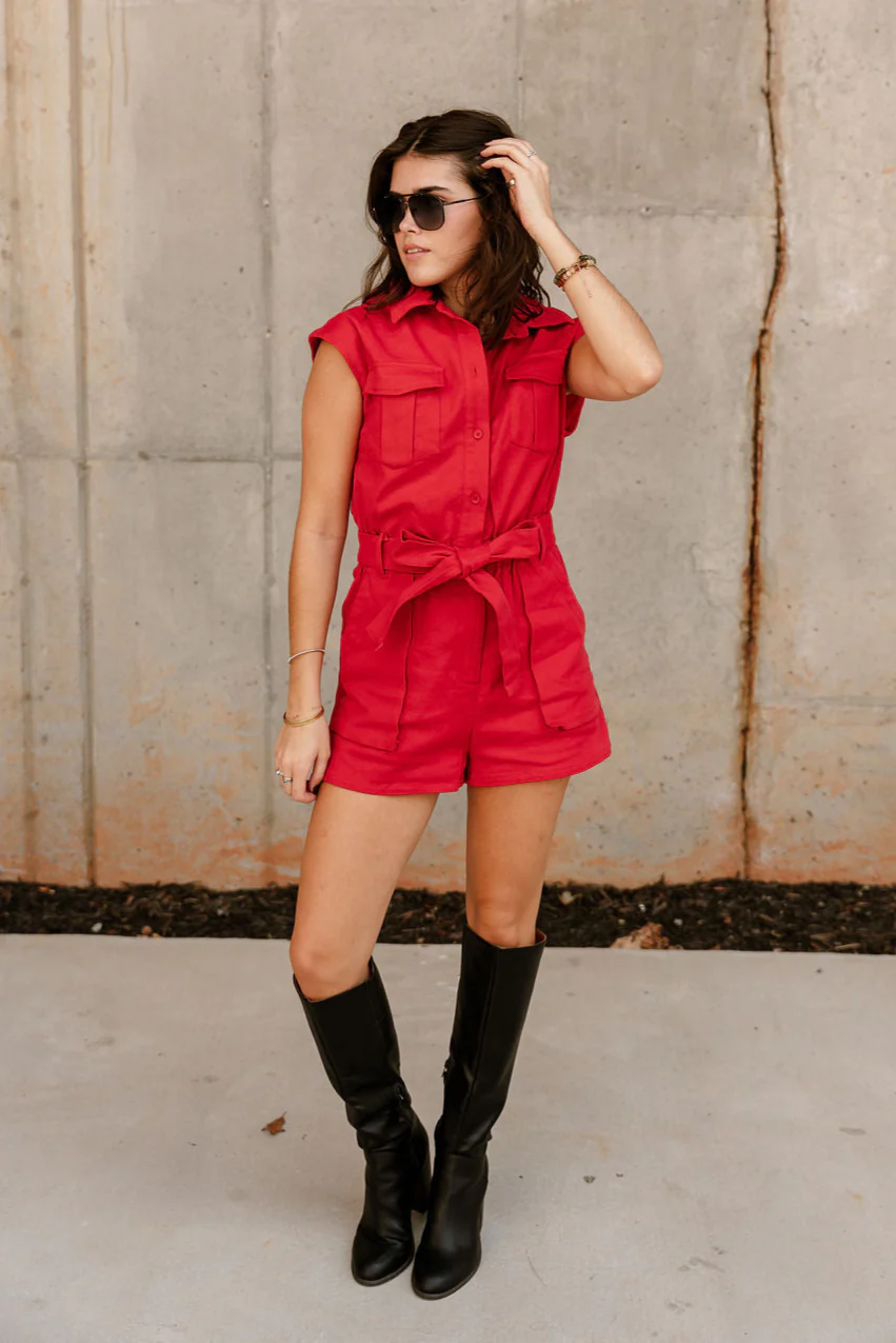 Breana Red Denim Short Sleeve Romper - Image 2