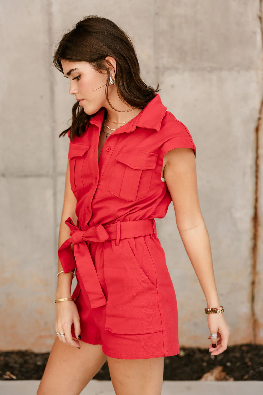 Breana Red Denim Short Sleeve Romper - Image 4