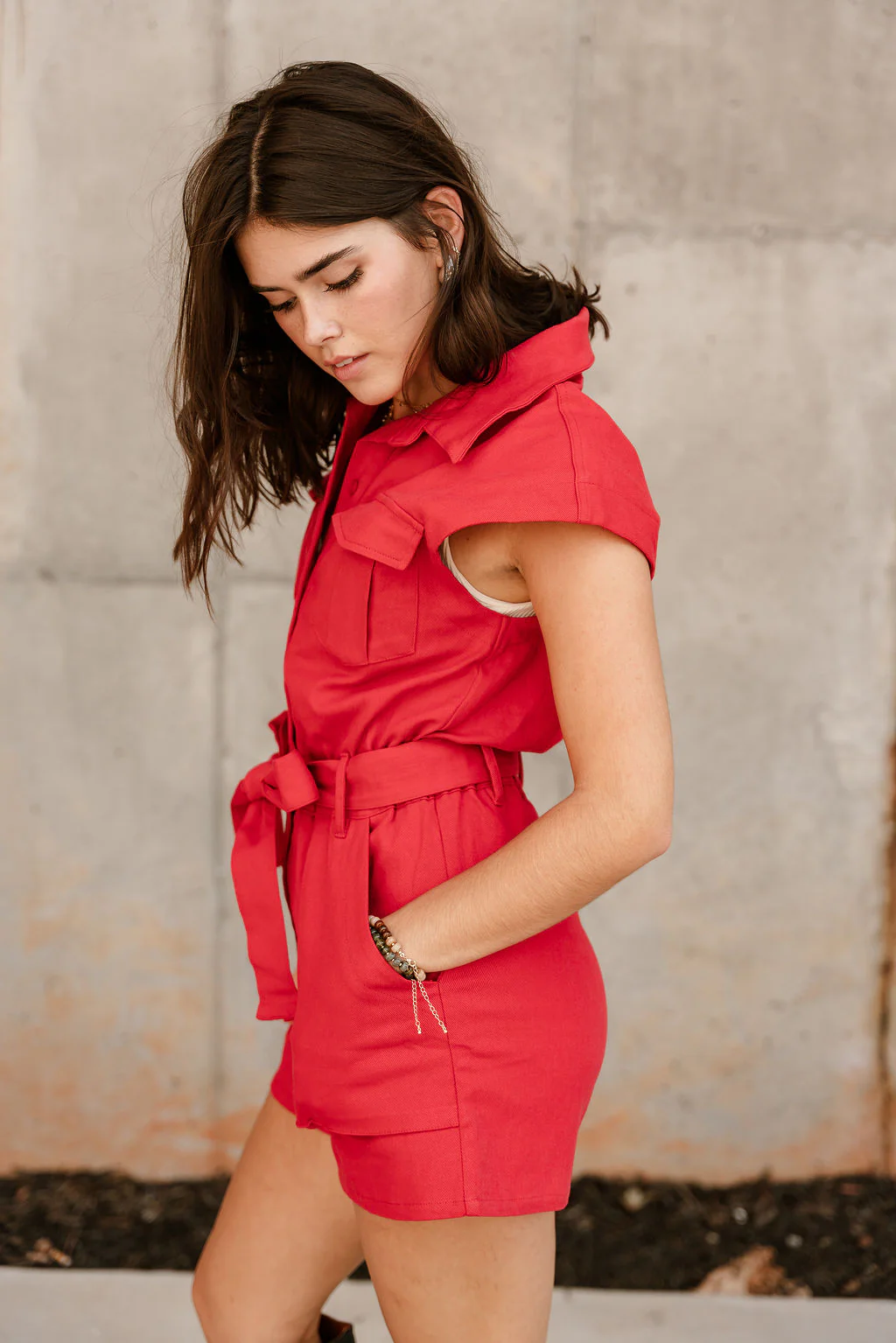 Breana Red Denim Short Sleeve Romper - Image 5