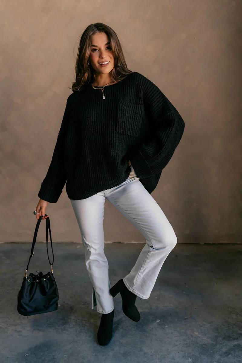Briana Black Chest Pocket Sweater