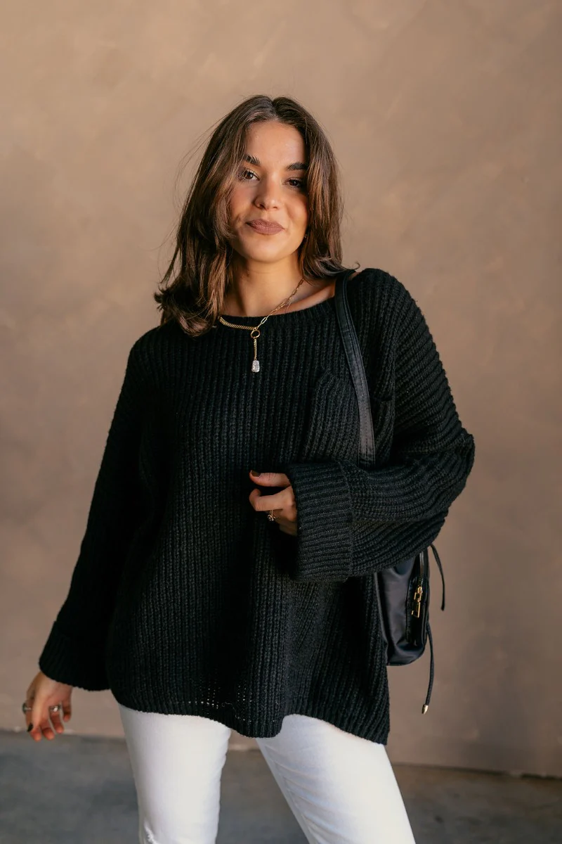 Briana Black Chest Pocket Sweater - Image 2