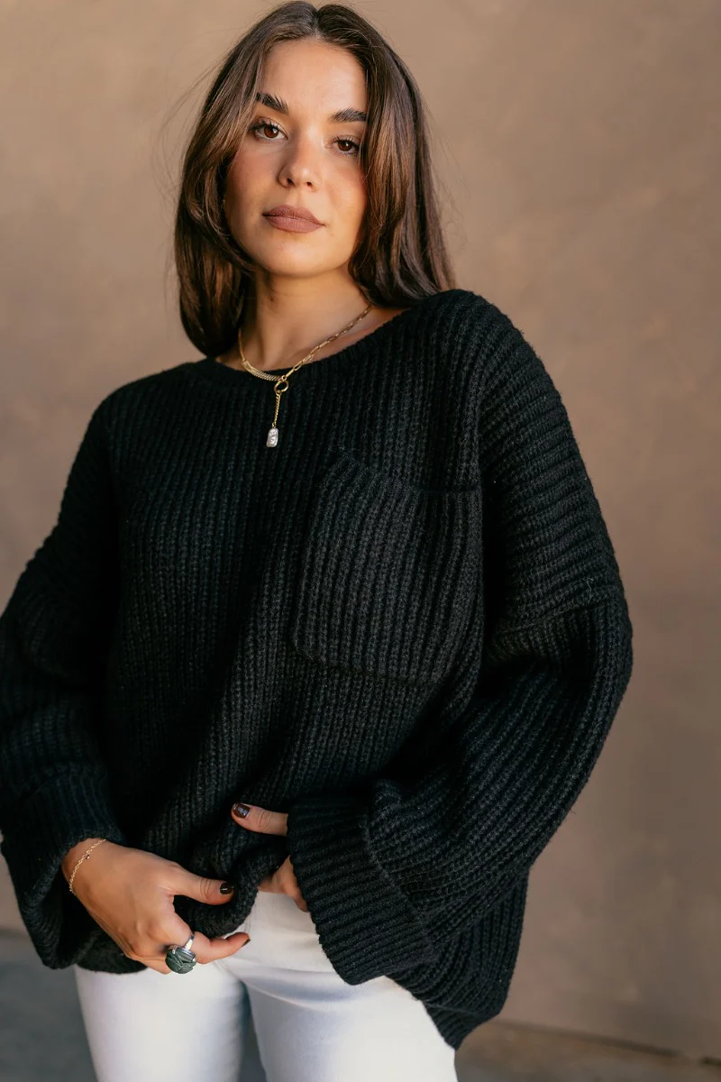 Briana Black Chest Pocket Sweater - Image 3
