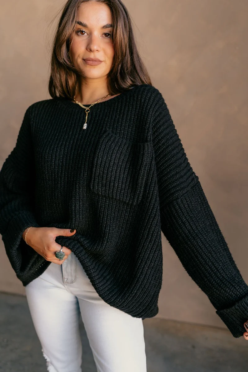 Briana Black Chest Pocket Sweater - Image 4