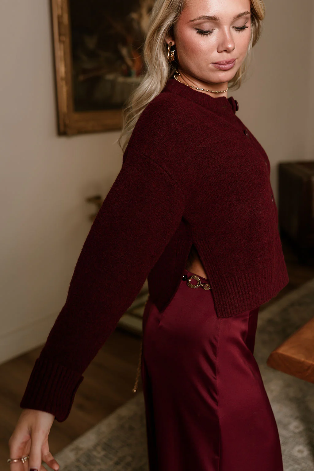 Bridgette Burgundy Side Slit Cardigan - Image 4
