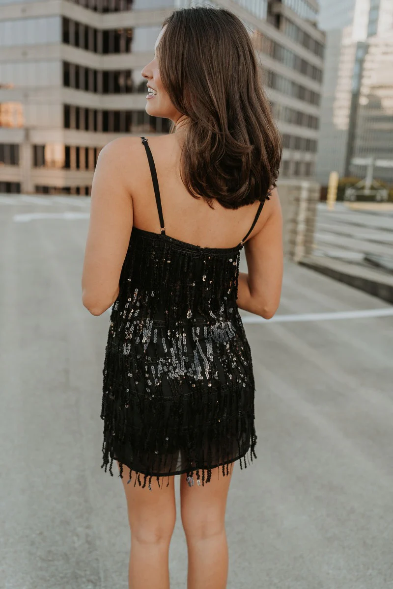 Brielle Black Sequin Fringe Mini Dress - Image 8