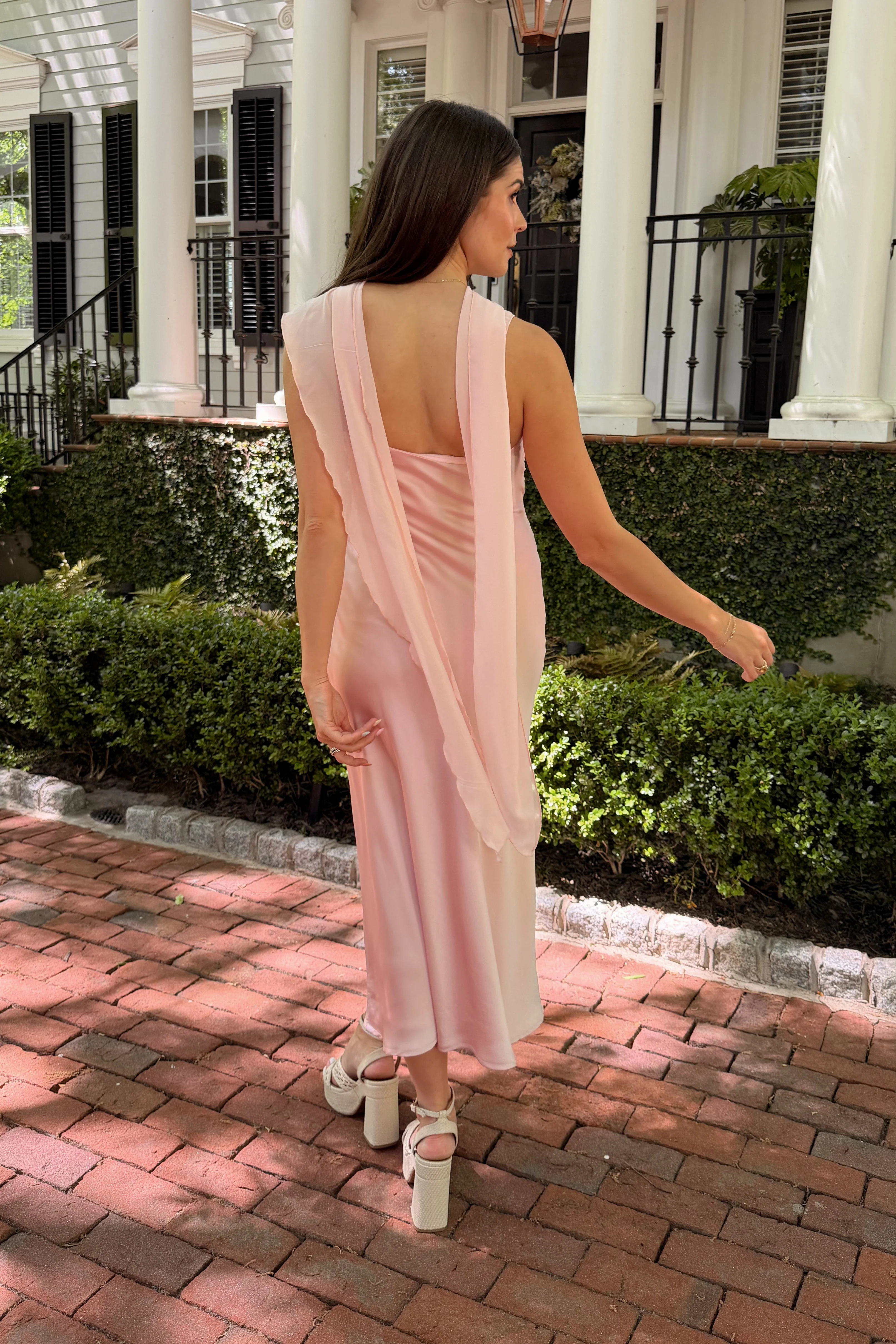 Brielle Blush Pink Satin Midi Dress - Image 4