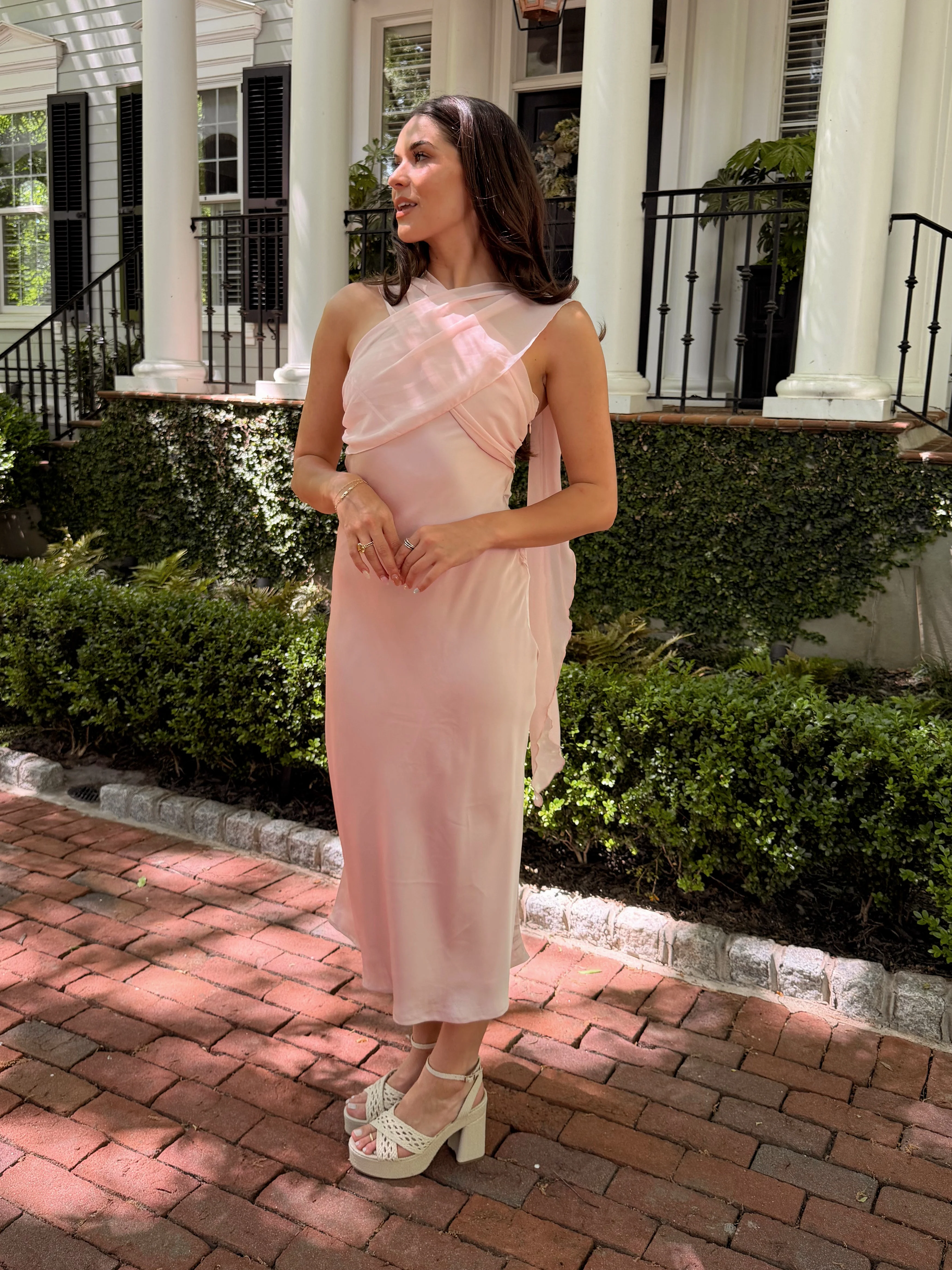 Brielle Blush Pink Satin Midi Dress - Image 5