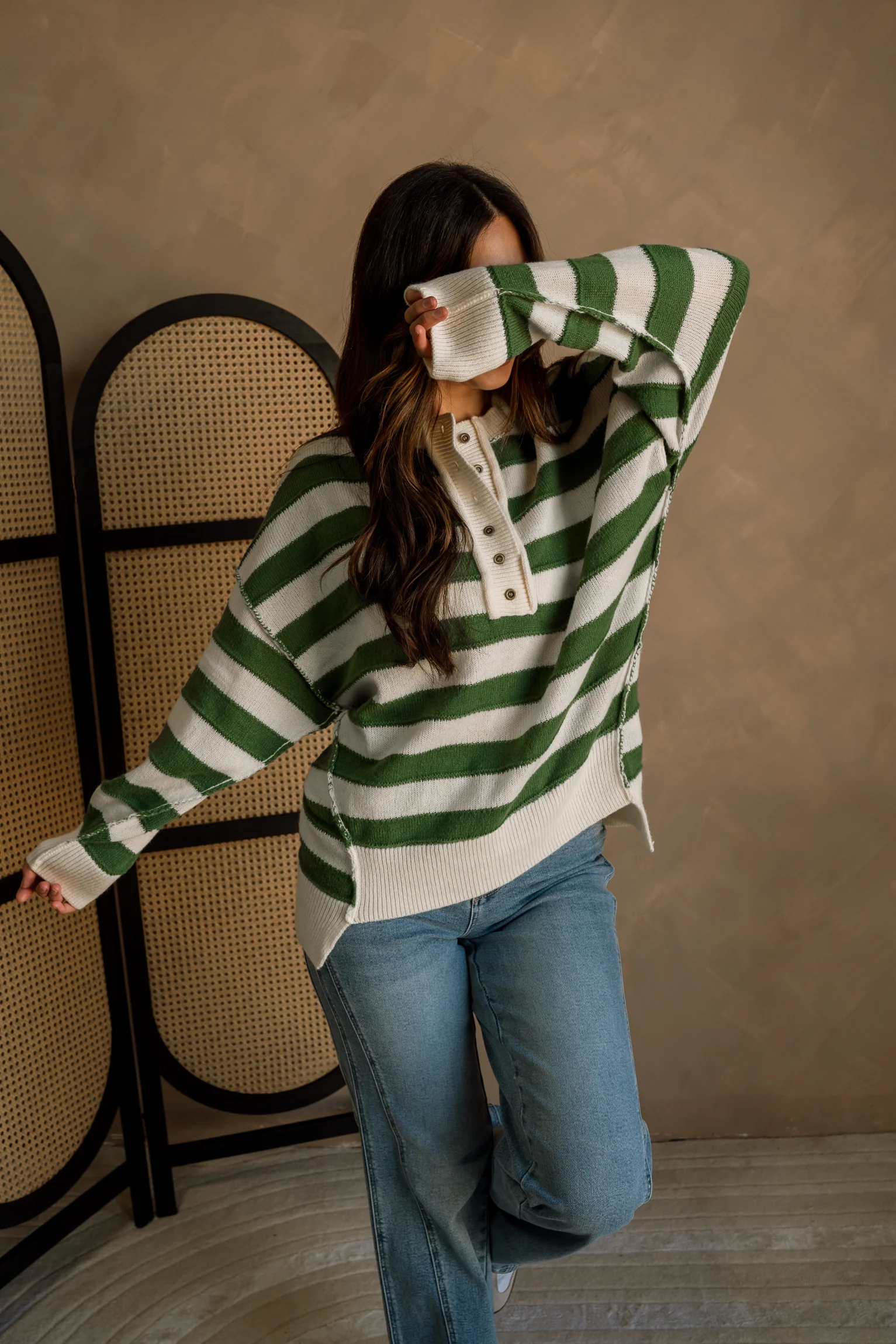 Brinley Green & White Striped Henley Sweater - Image 6