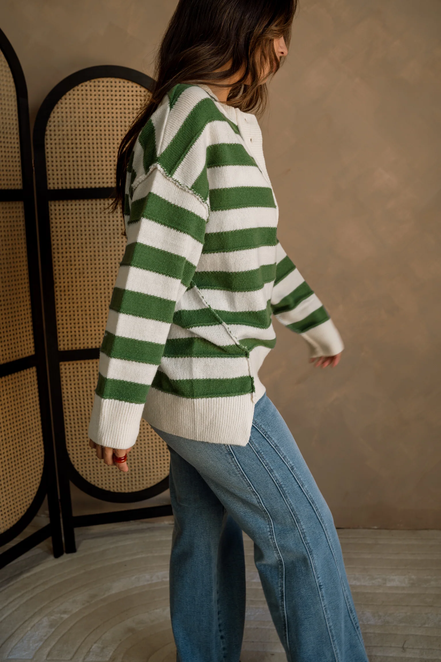 Brinley Green & White Striped Henley Sweater - Image 7