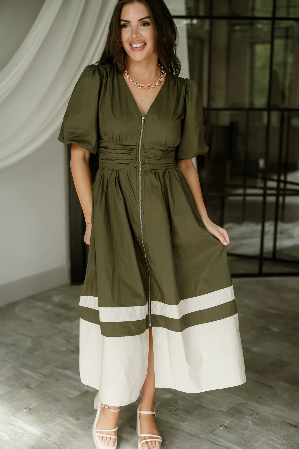 Brinley Olive Colorblock Zip-Up Midi Dress