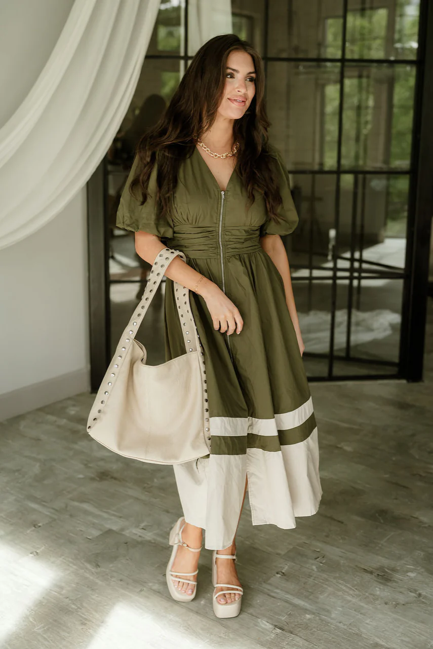 Brinley Olive Colorblock Zip-Up Midi Dress - Image 2