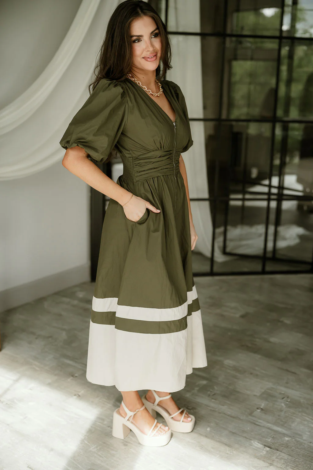 Brinley Olive Colorblock Zip-Up Midi Dress - Image 4