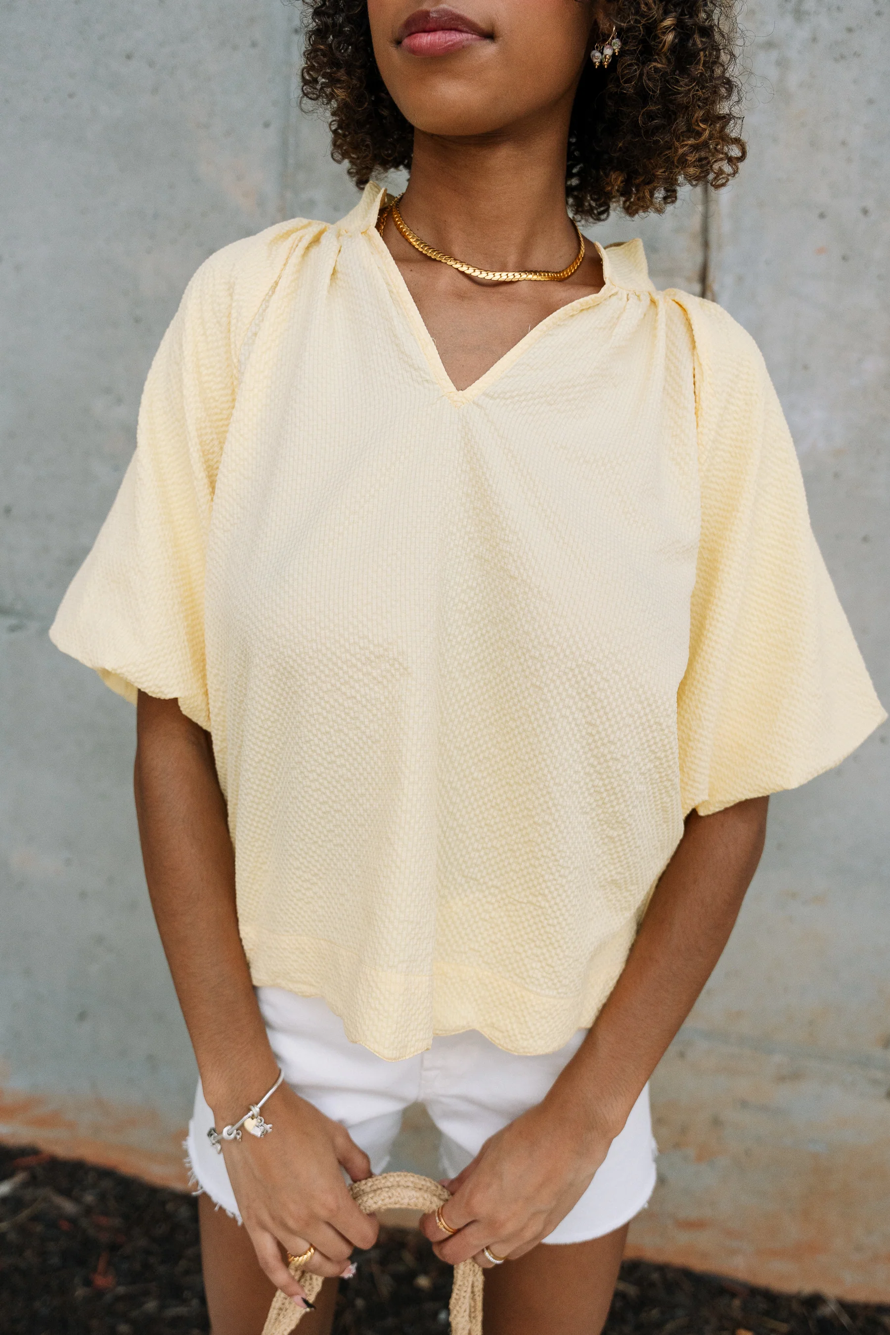 Brinley Yellow Scallop Short Sleeve Top