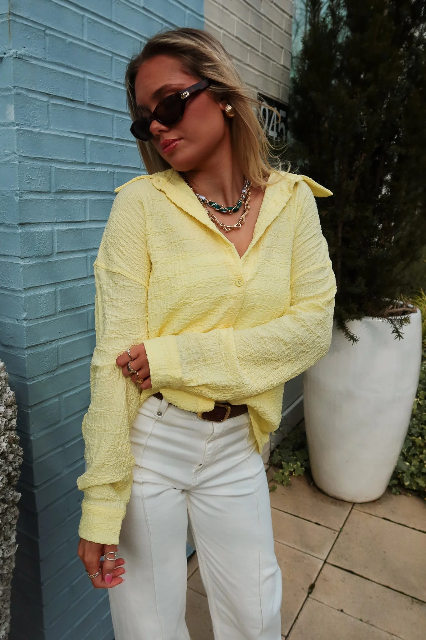 Briony Yellow Button-Up Tie Back Top