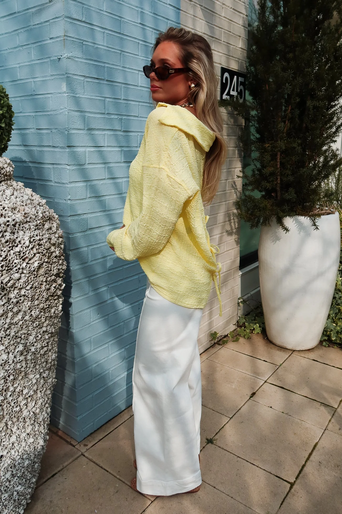 Briony Yellow Button-Up Tie Back Top - Image 7
