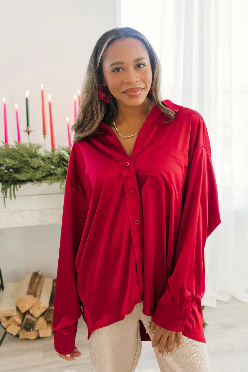 Bristol Oversized Satin Top in Red - Image 2
