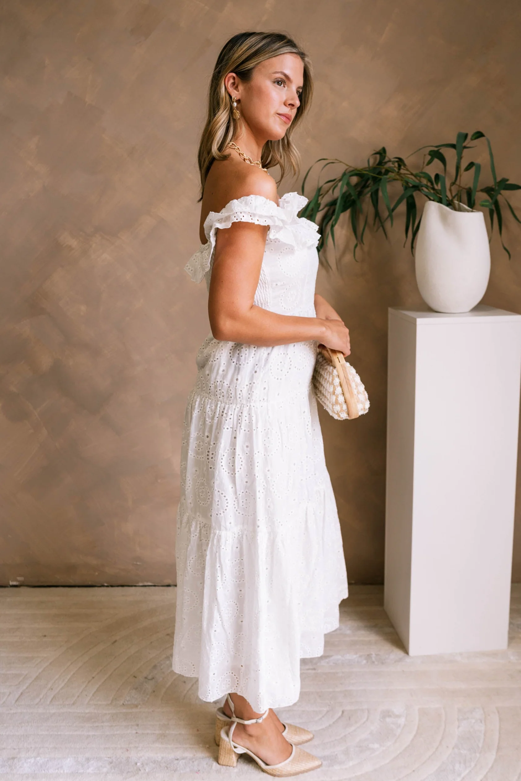 Bristol White Eyelet Off-The-Shoulder Midi Dress - Image 10