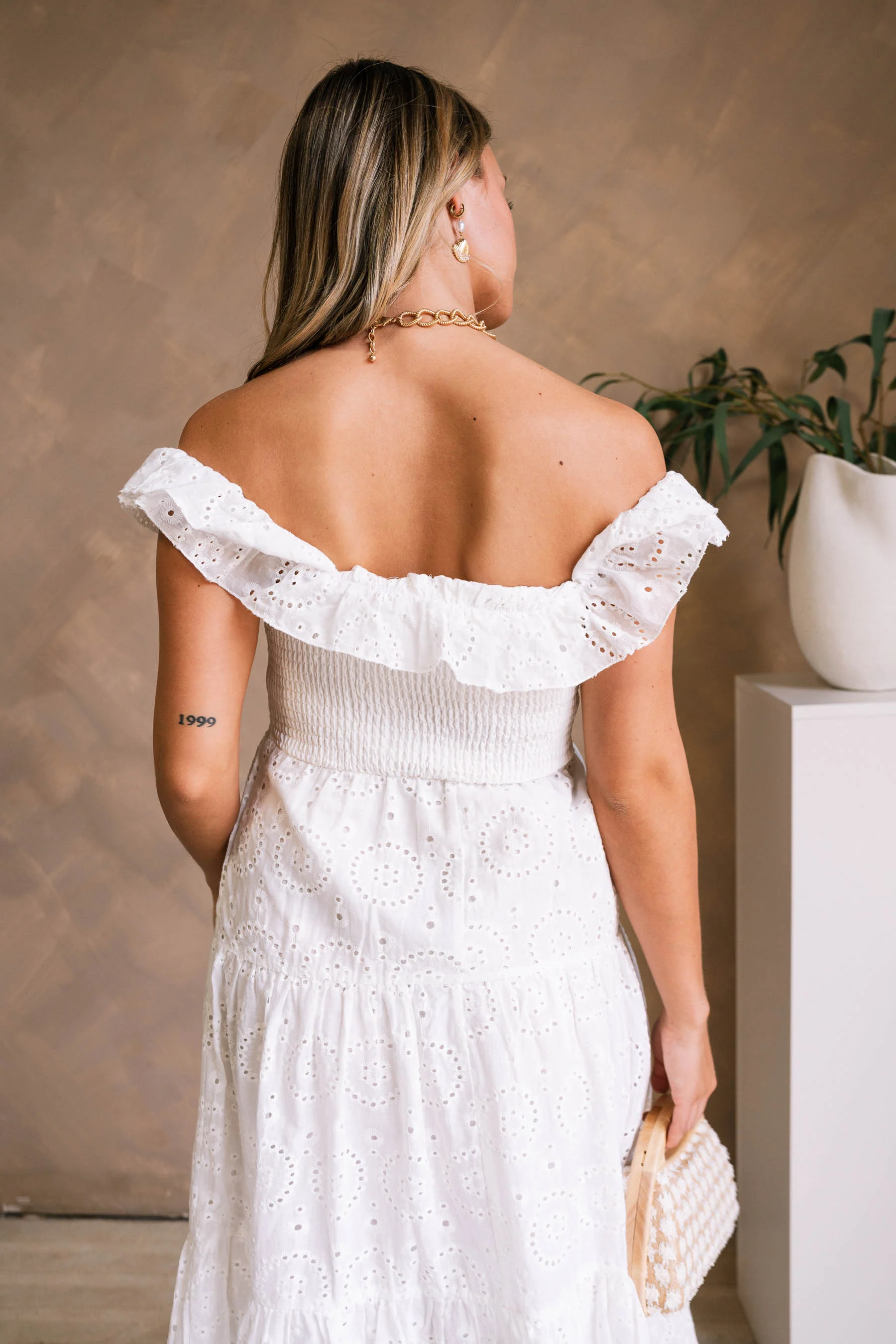 Bristol White Eyelet Off-The-Shoulder Midi Dress - Image 11