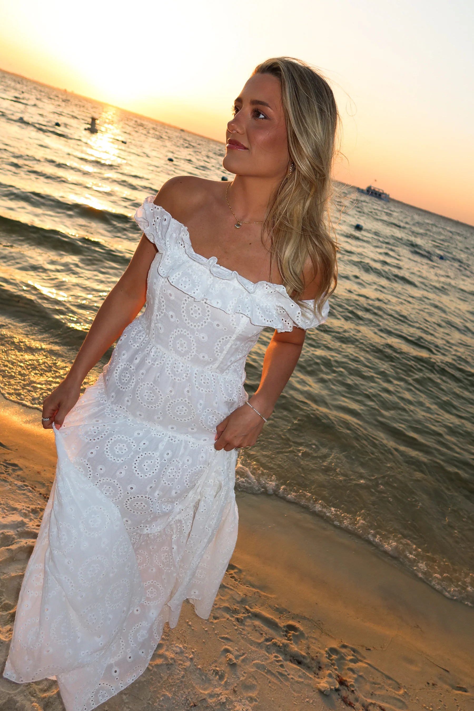 Bristol White Eyelet Off-The-Shoulder Midi Dress - Image 3