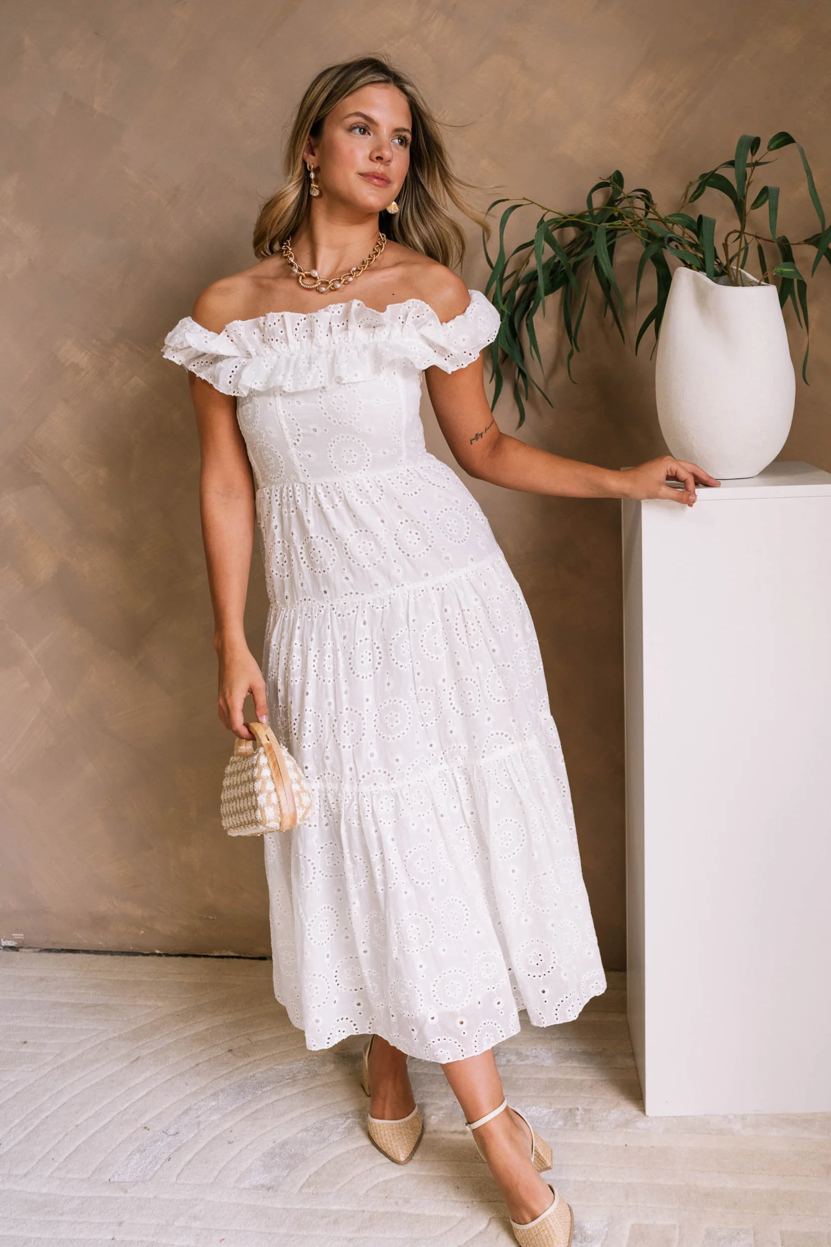 Bristol White Eyelet Off-The-Shoulder Midi Dress - Image 5