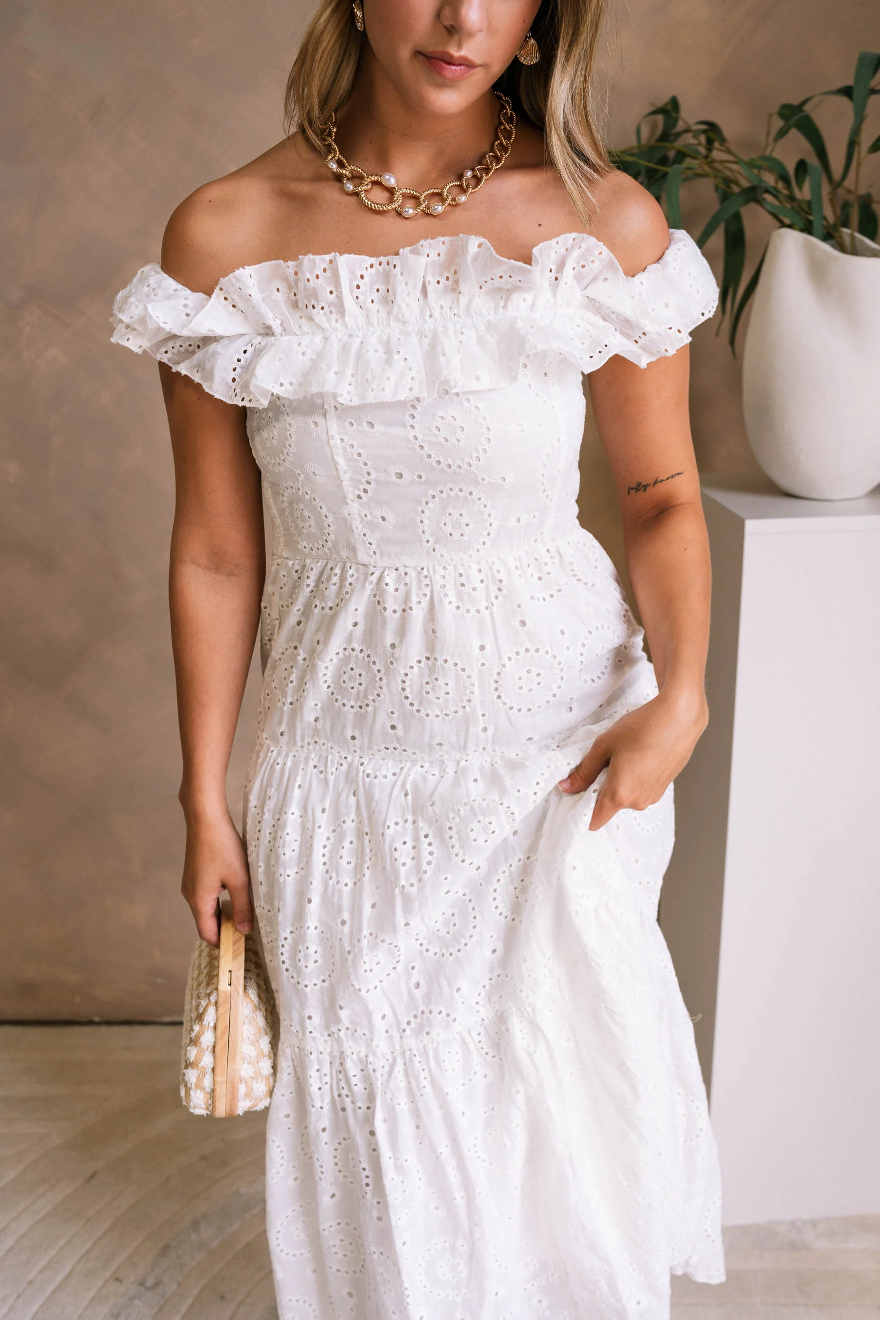Bristol White Eyelet Off-The-Shoulder Midi Dress - Image 6