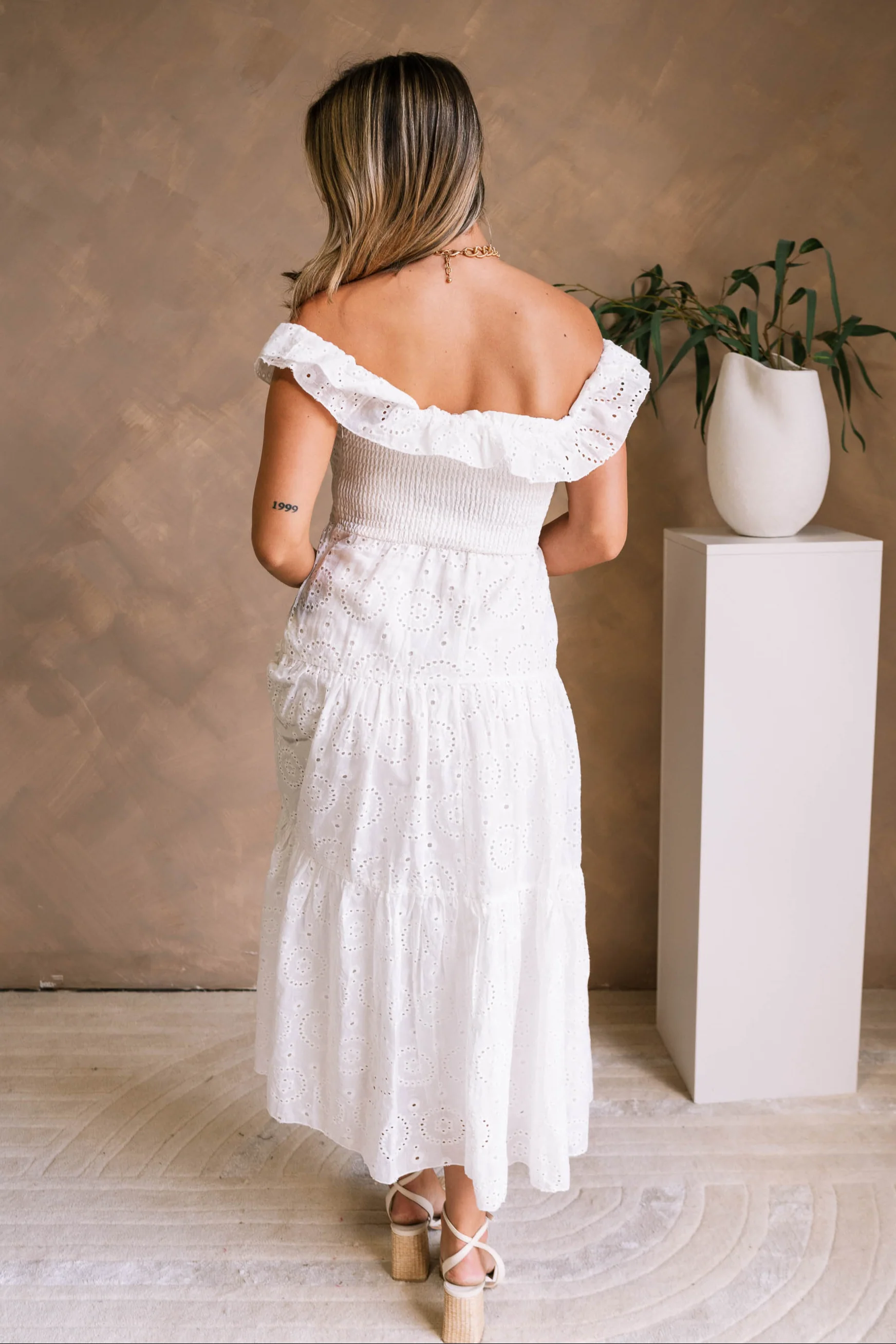 Bristol White Eyelet Off-The-Shoulder Midi Dress - Image 8