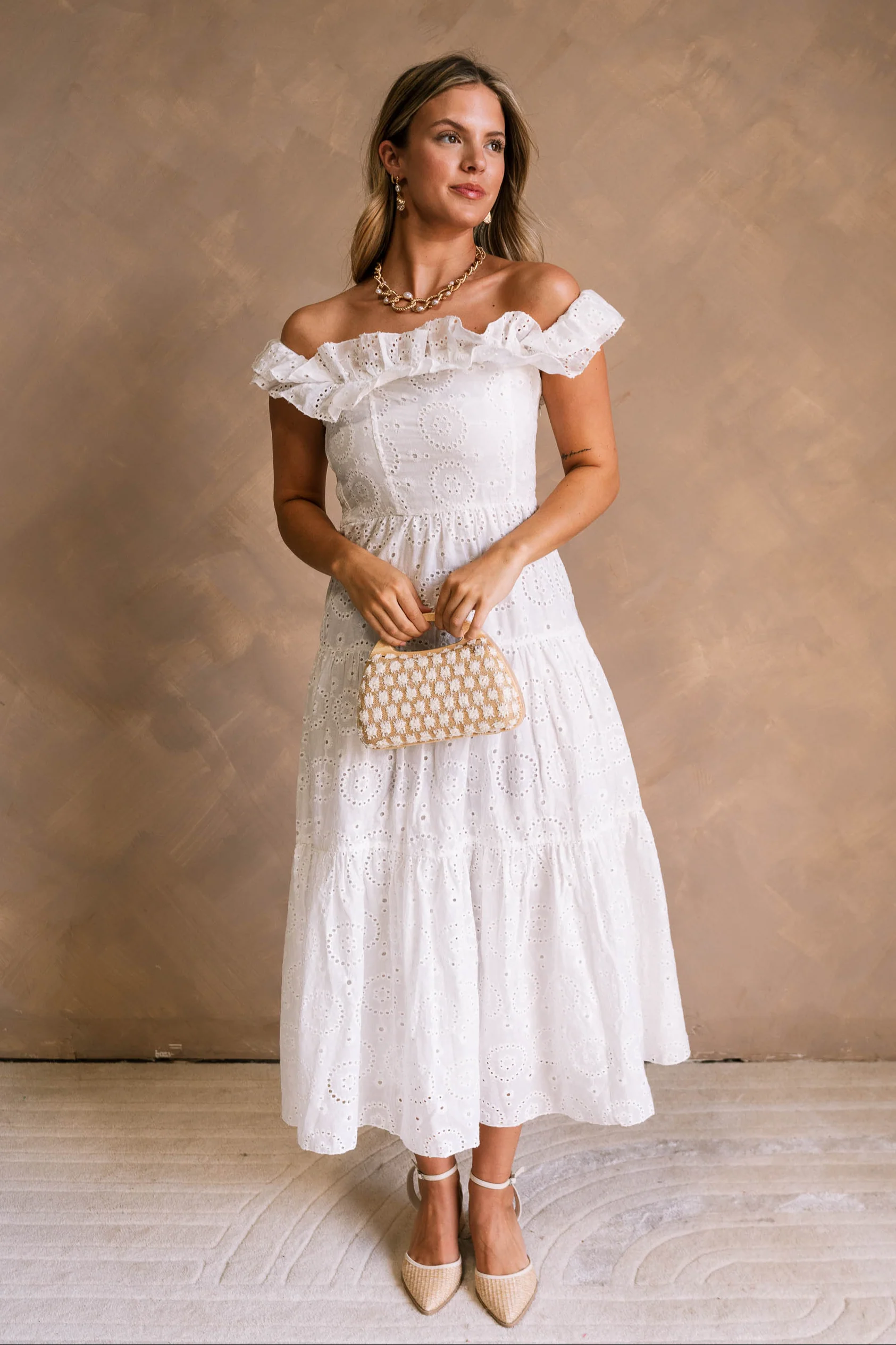 Bristol White Eyelet Off-The-Shoulder Midi Dress - Image 9