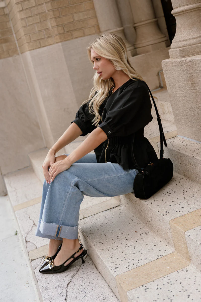Brittany Black Zip-Up Flare Top - Image 3