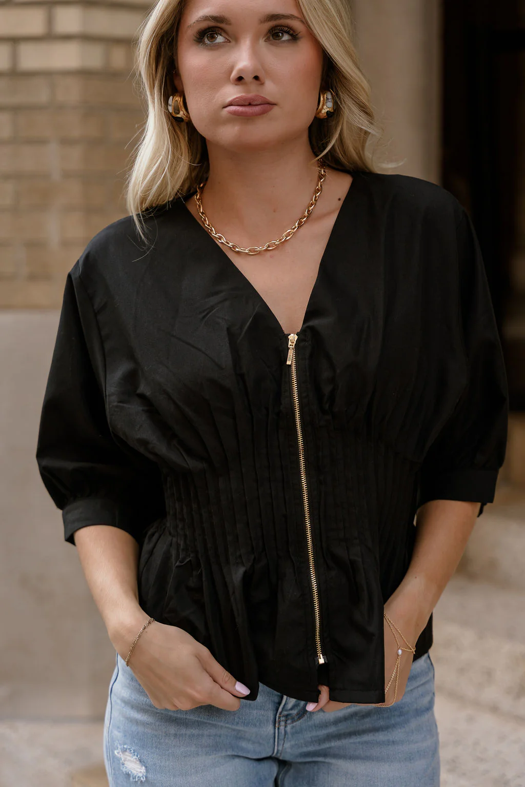 Brittany Black Zip-Up Flare Top - Image 5