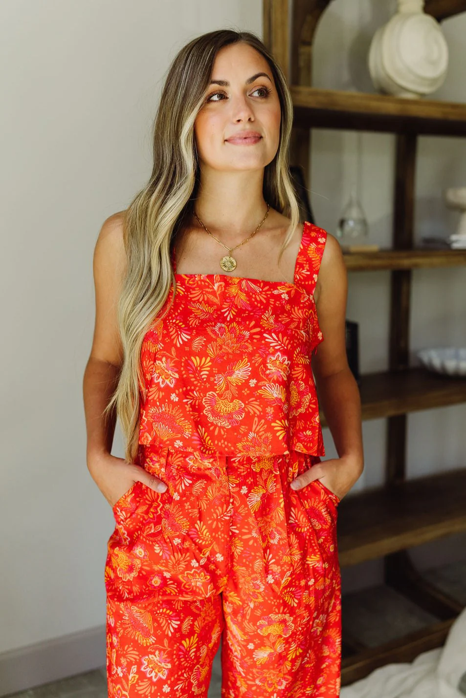 Brittany Red Orange Floral Cropped Tank