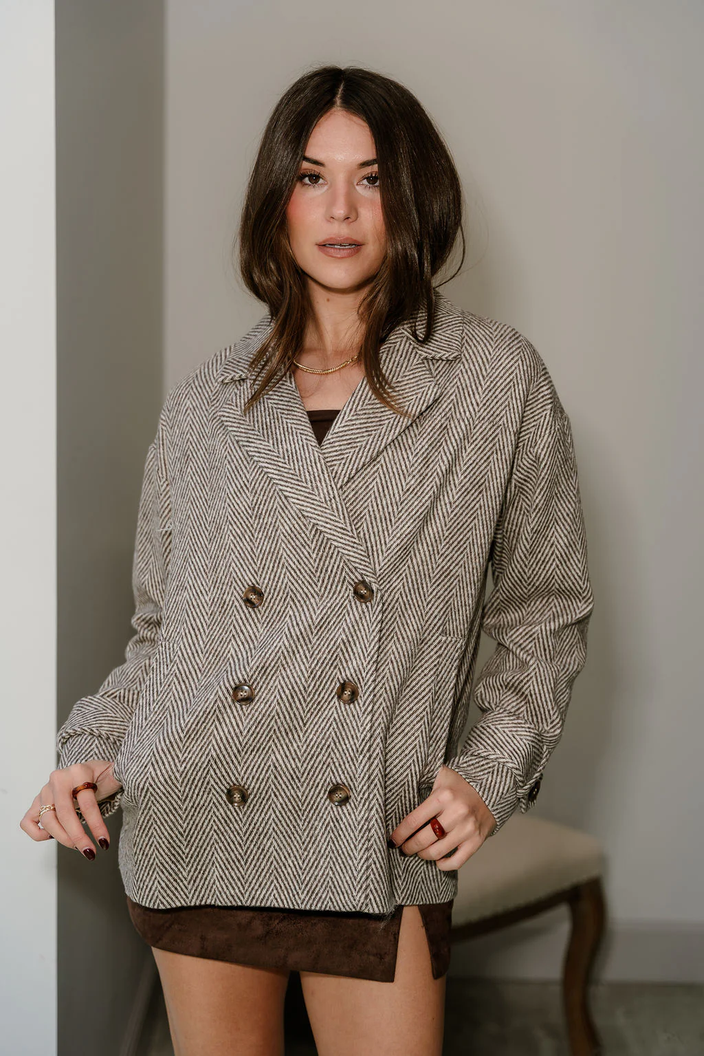 Brooklyn Brown Chevron Double Breasted Jacket - Image 3