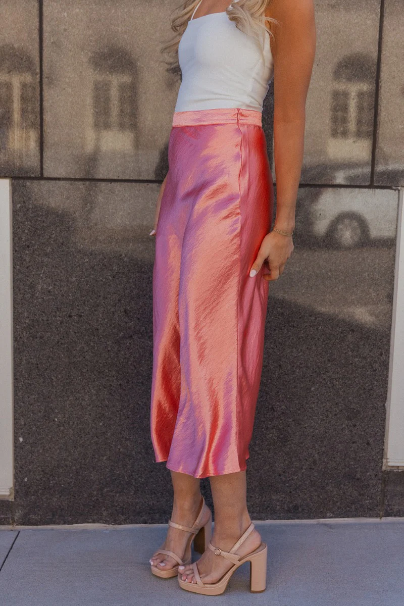 Brooklyn Coral Satin Midi Skirt - Image 6