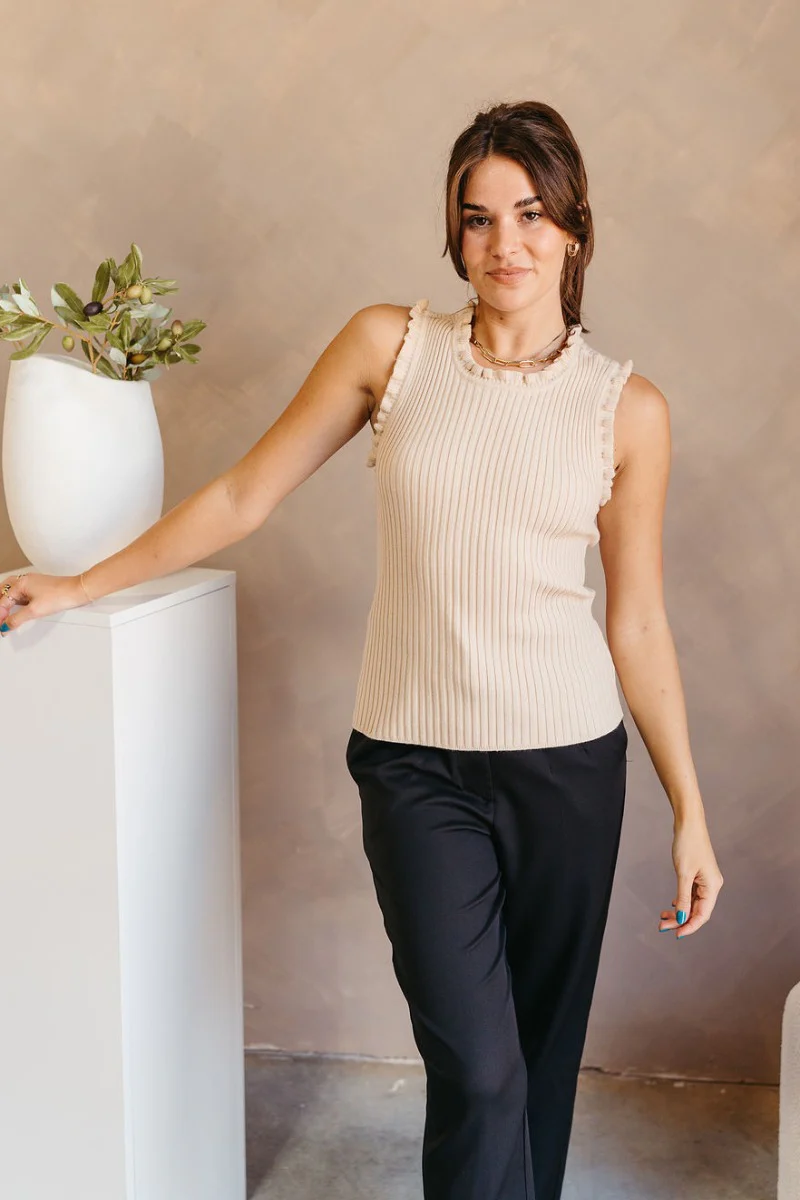 Brooklyn Taupe Ruffle-Trim Ribbed Tank - Image 3