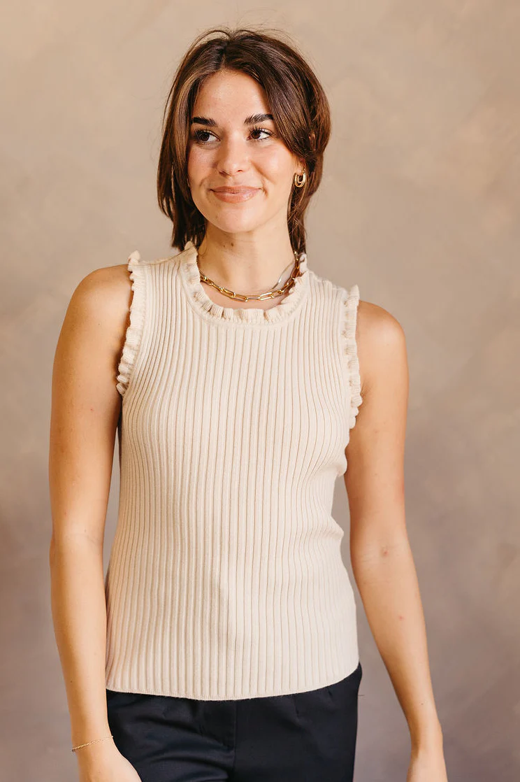 Brooklyn Taupe Ruffle-Trim Ribbed Tank - Image 4
