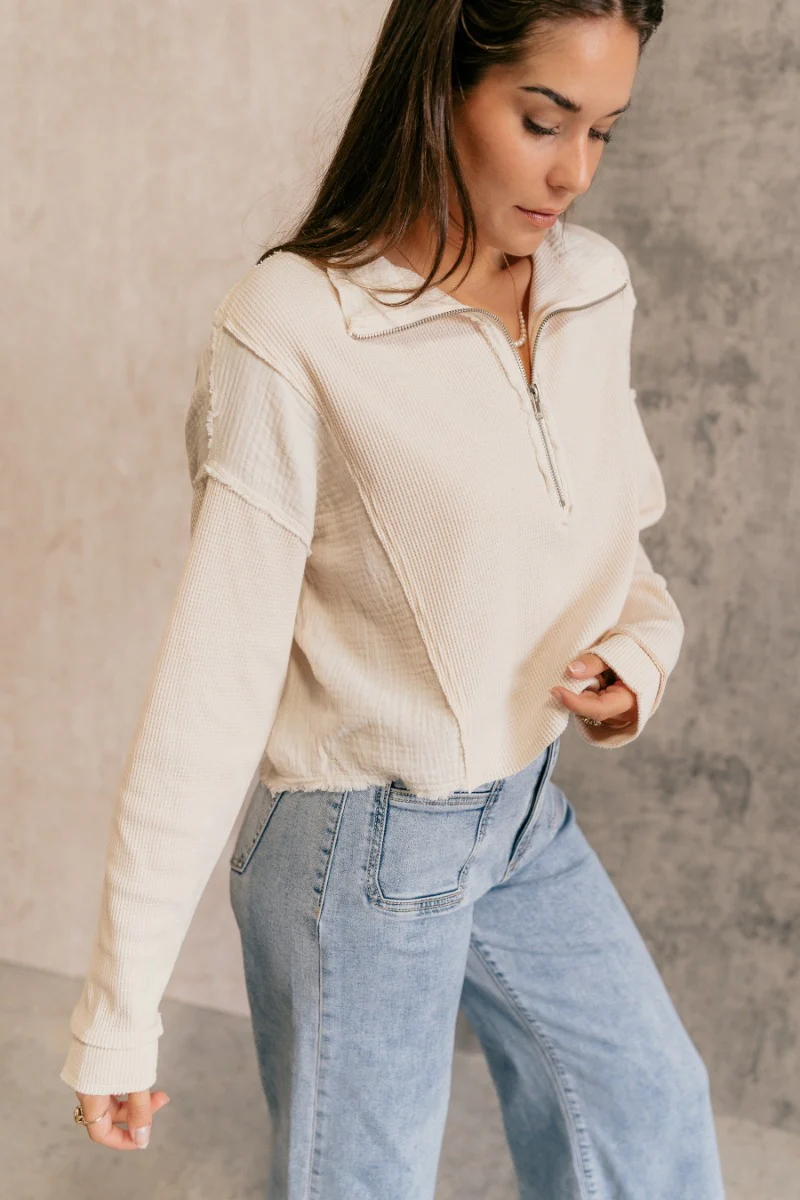 Brylee Cream Mixed Fabric Half-Zip Top - Image 5