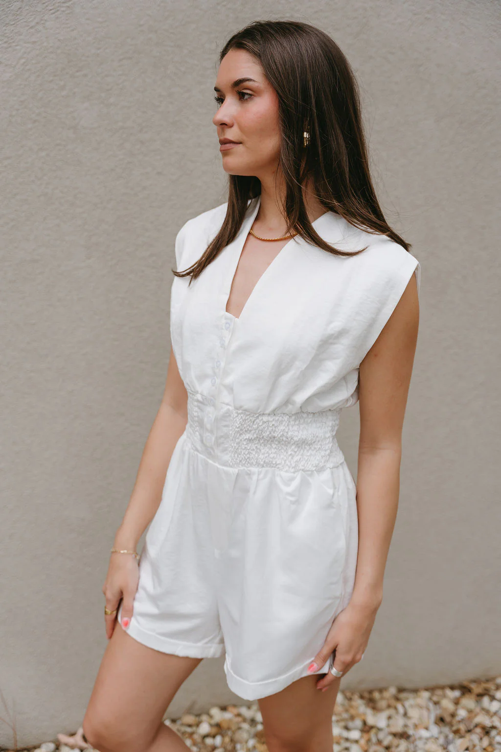 Brynlee White Smocked Waist Sleeveless Romper - Image 3