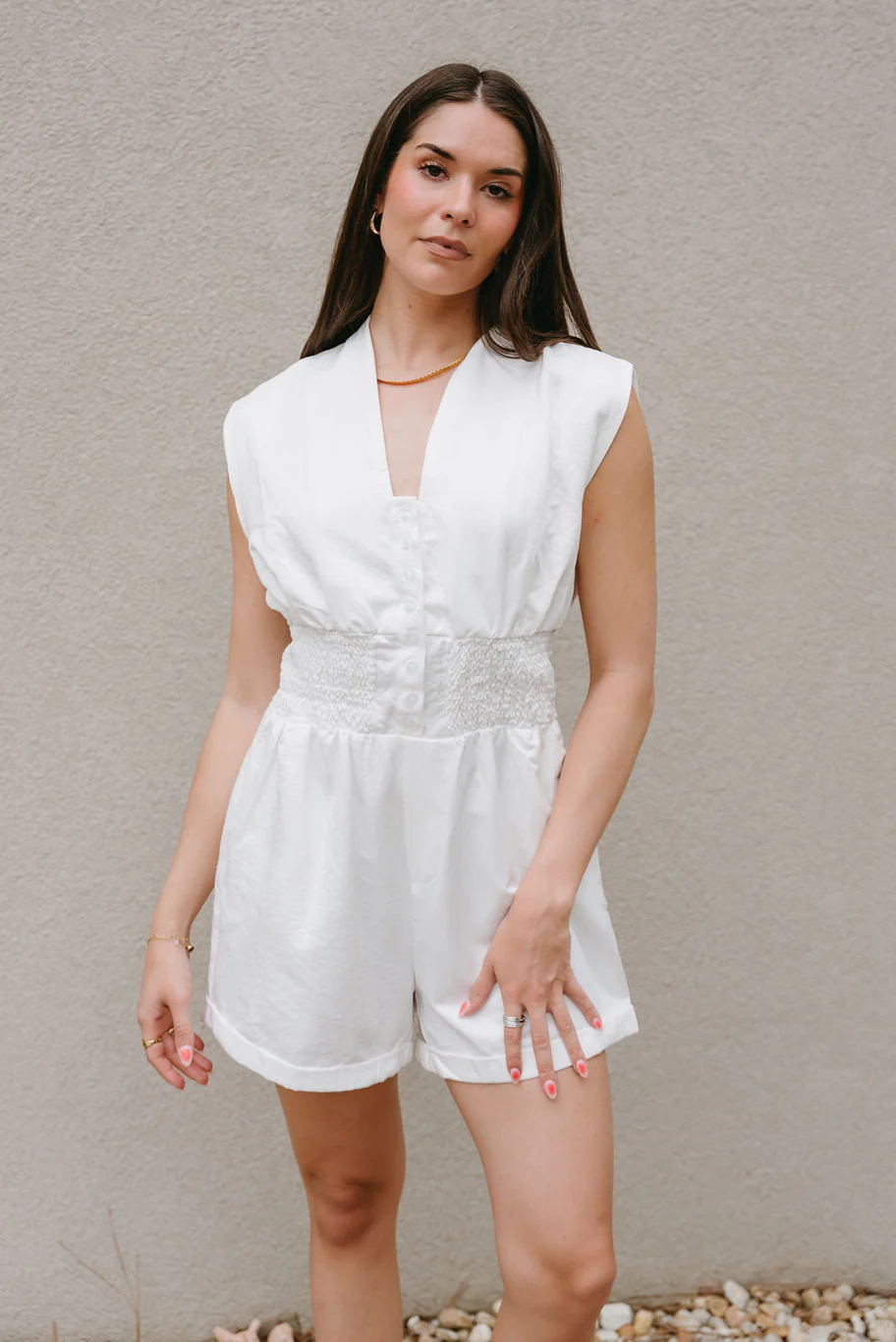 Brynlee White Smocked Waist Sleeveless Romper - Image 6