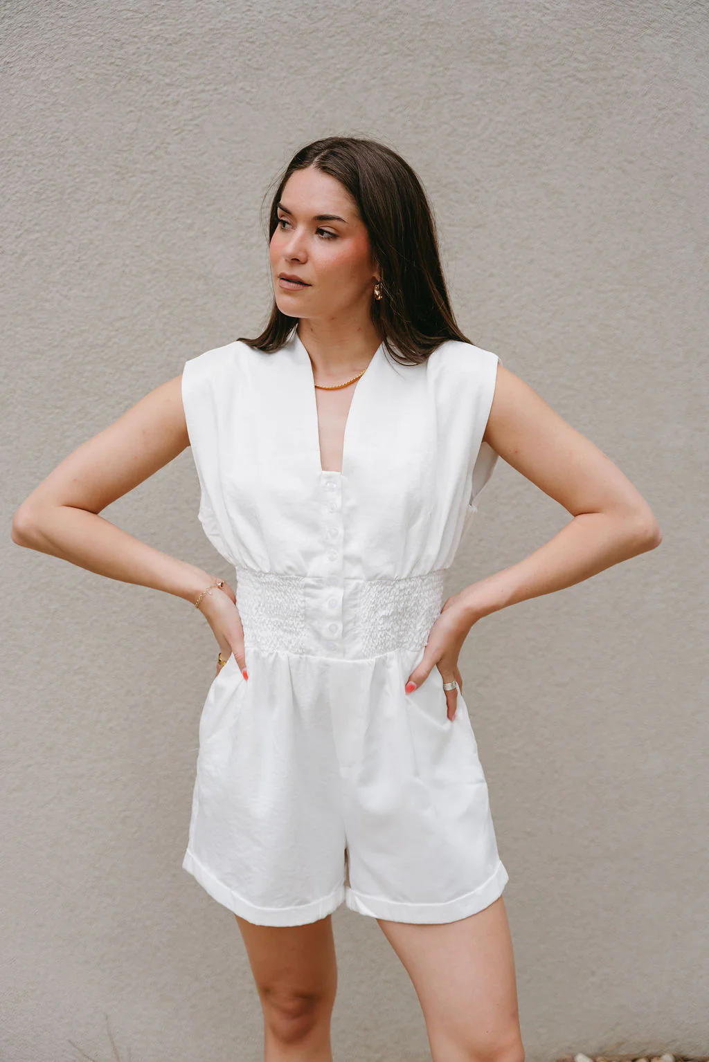 Brynlee White Smocked Waist Sleeveless Romper - Image 7